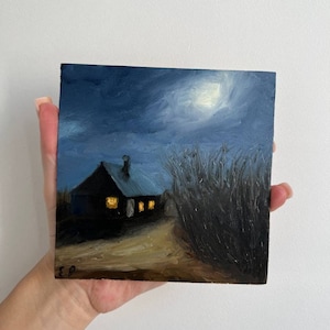 Pequeña pintura al óleo original. Paisaje nocturno con una casa en una noche de luna. Casa de época. Paisaje oscuro y cambiante. Casas de Campo