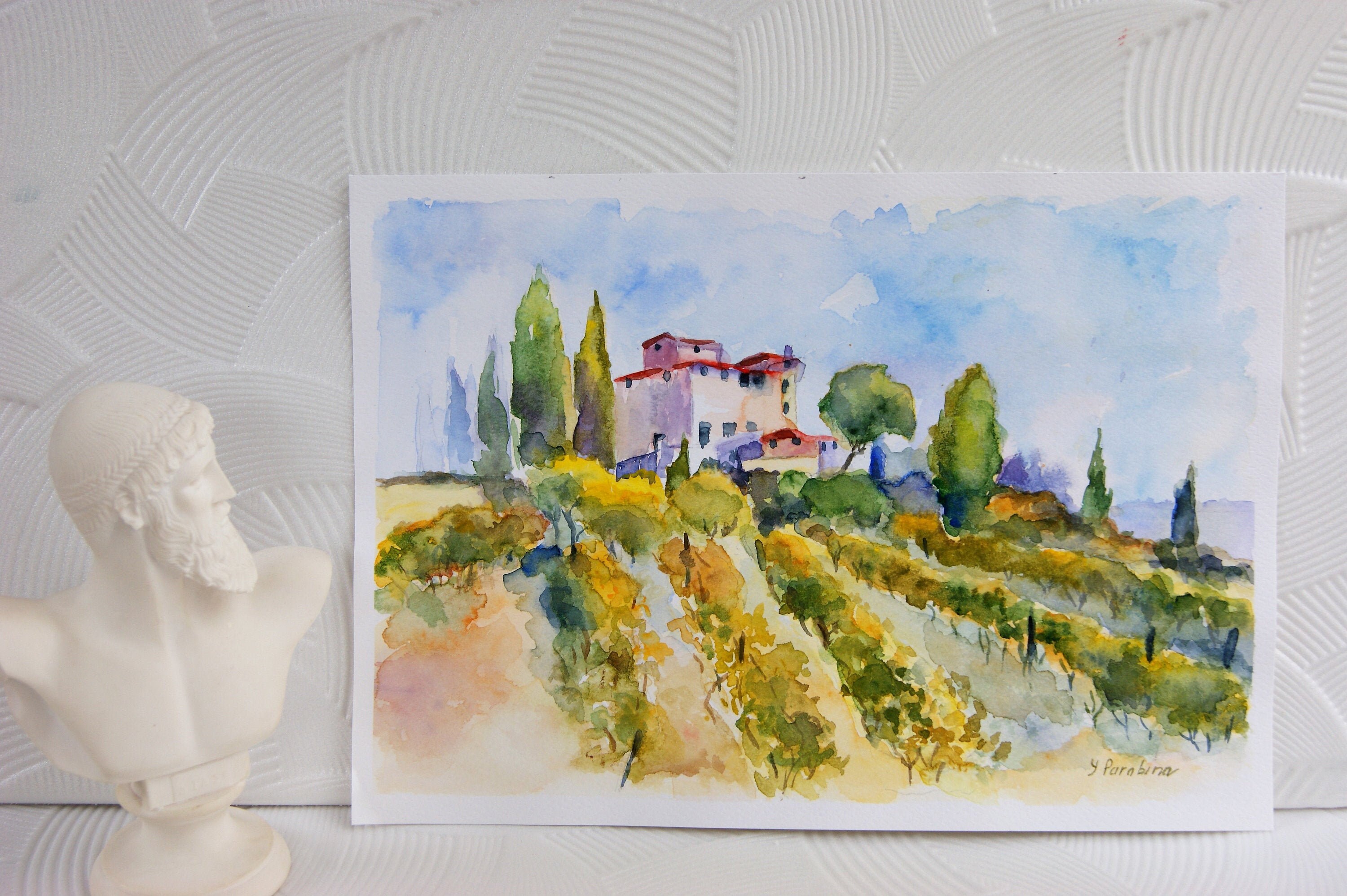 オリジナル水彩画/送料無料/イタリアの村の風景/トスカーナの絵画