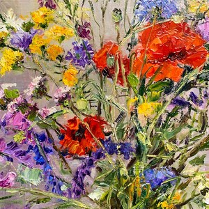 May include: An oil painting of a vibrant bouquet of wildflowers. The arrangement features bright red poppies, yellow and purple blooms, and green foliage against a light background. The brushstrokes are thick and textured, creating a lively and colorful floral display.