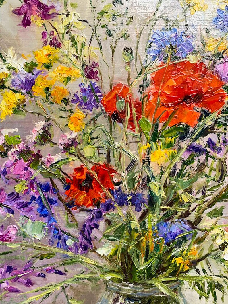 May include: An oil painting of a vibrant bouquet of wildflowers. The arrangement features bright red poppies, yellow and purple blooms, and green foliage against a light background. The brushstrokes are thick and textured, creating a lively and colorful floral display.