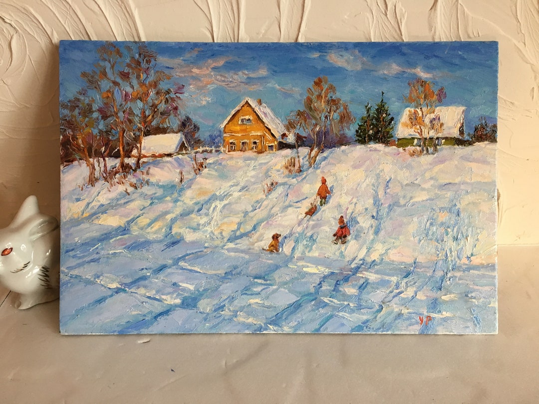 子供たちのいる冬の風景 オリジナルの油絵 そり ロシアの風景 印象派の
