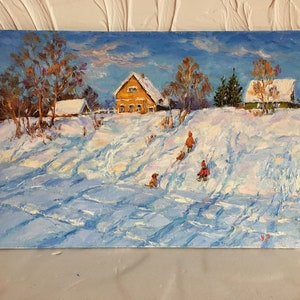Escena de invierno con niños Pintura al óleo original Trineo Paisaje ruso Impresionismo paisaje Pintura de nieve Paisaje urbano Arte Сhildhood