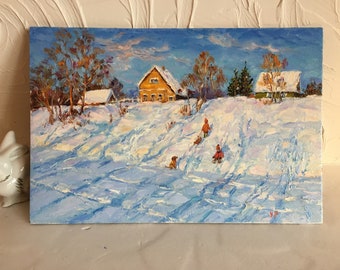 Winterszene mit Kindern Original Ölgemälde Schlitten russische Landschaft Impressionismus Landschaft Schnee Gemälde Stadtbild Kunst Kindheit