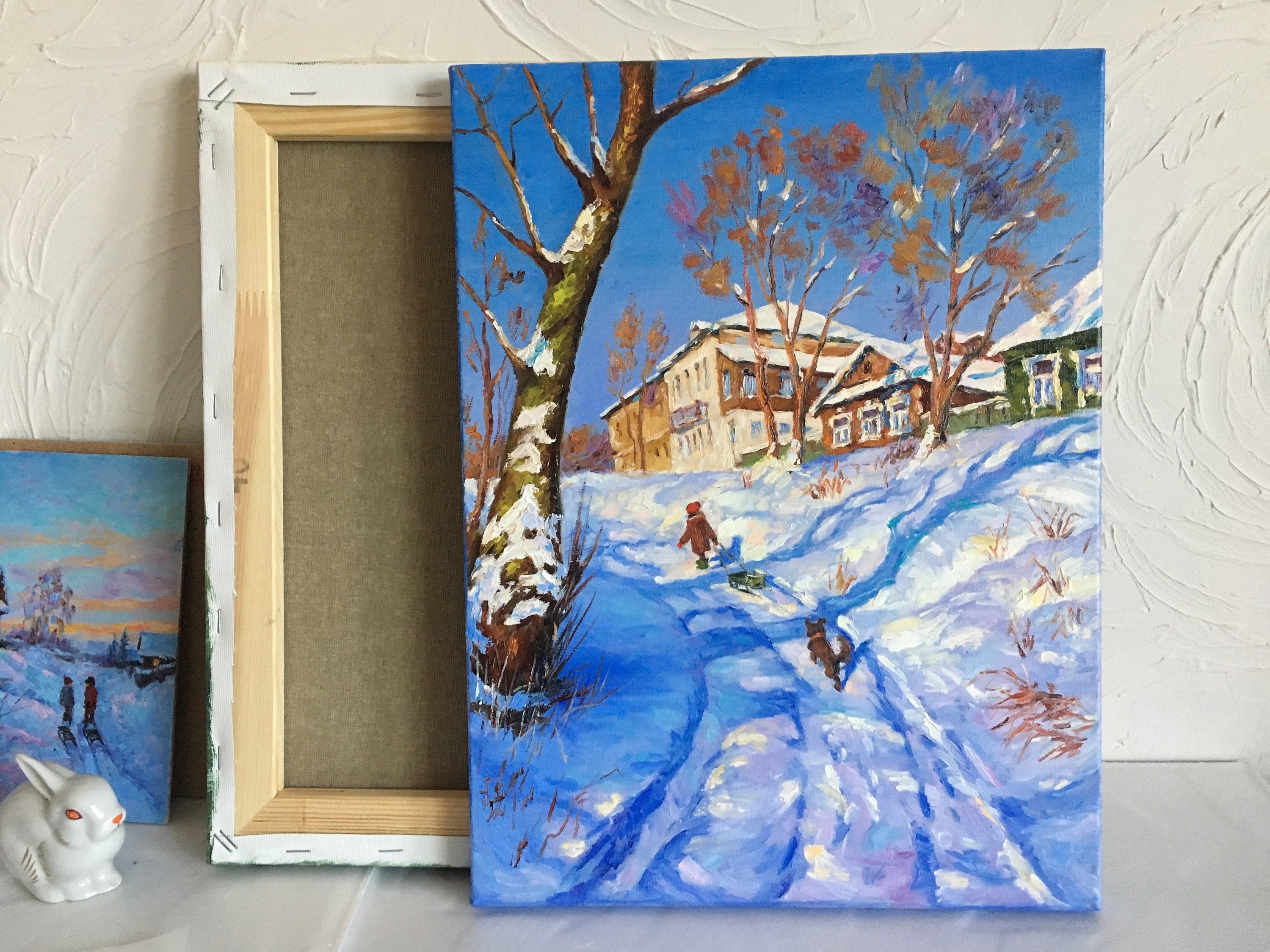 子供たちと冬の風景 オリジナル油絵 ロシアの風景 冬の印象派の風景 雪