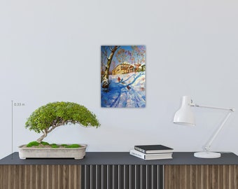 子供たちと冬の風景 オリジナル油絵 ロシアの風景 冬の印象派の風景 雪