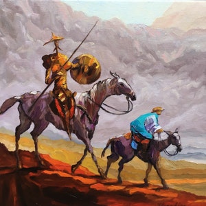 May include: A painting of two figures on horseback riding through a mountainous landscape. The figure in the foreground is wearing a blue tunic and riding a dark horse. The figure in the background is wearing gold armor and riding a white horse. The sky is cloudy and the mountains are a muted purple.