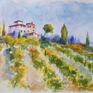 Origineel aquarel schilderij. Italiaanse wijngaardkunst. Toscaans landschap. Rustieke plattelandsdecoratie. Italiaans dorp. Originele wanddecoratie 8x12, 12x16 afbeelding 5