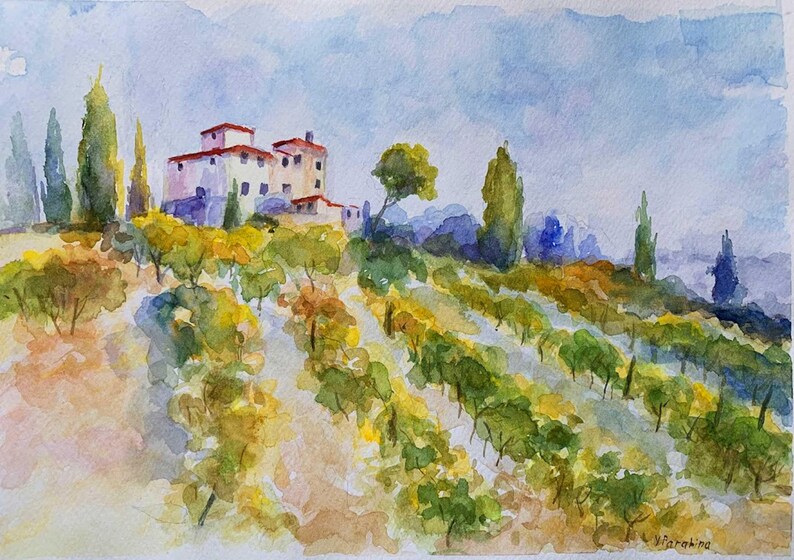 Origineel aquarel schilderij. Italiaanse wijngaardkunst. Toscaans landschap. Rustieke plattelandsdecoratie. Italiaans dorp. Originele wanddecoratie 8x12, 12x16 afbeelding 5
