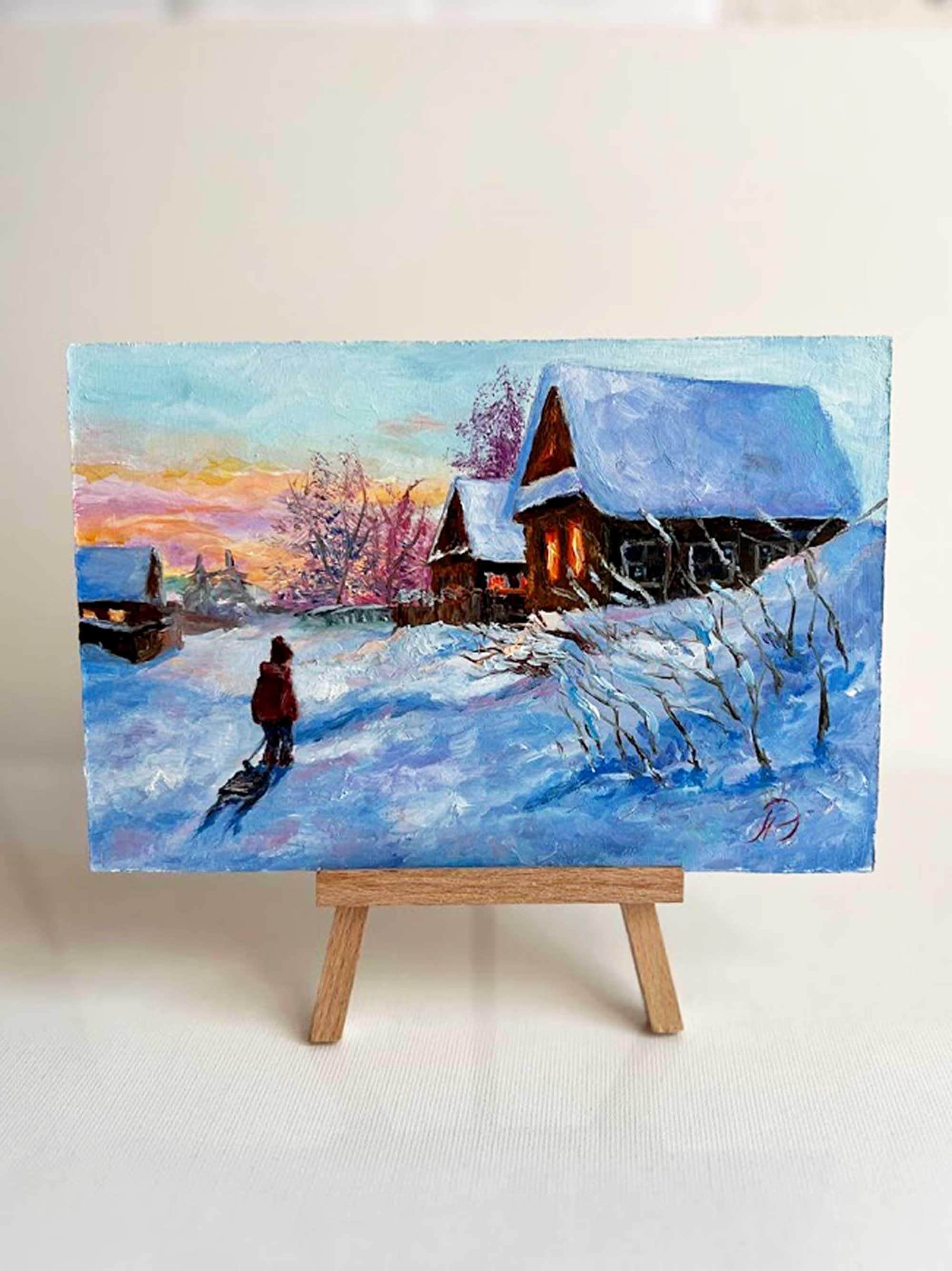 子供と冬景色 オリジナル油絵 そり ロシアの風景 印象派の風景 雪の絵