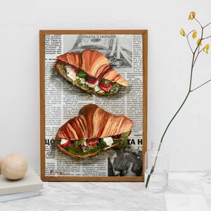 Arte de croissant, arte de pared, arte de periódico, pintura al óleo original, arte francés, pintura de panadería, pintura de naturaleza muerta, pintura de comida original