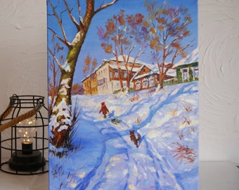 Winterszene mit Kindern Original Ölgemälde russische Landschaft Winterimpressionismus Landschaft Schneemalerei Stadtbild Kunst Kindheit