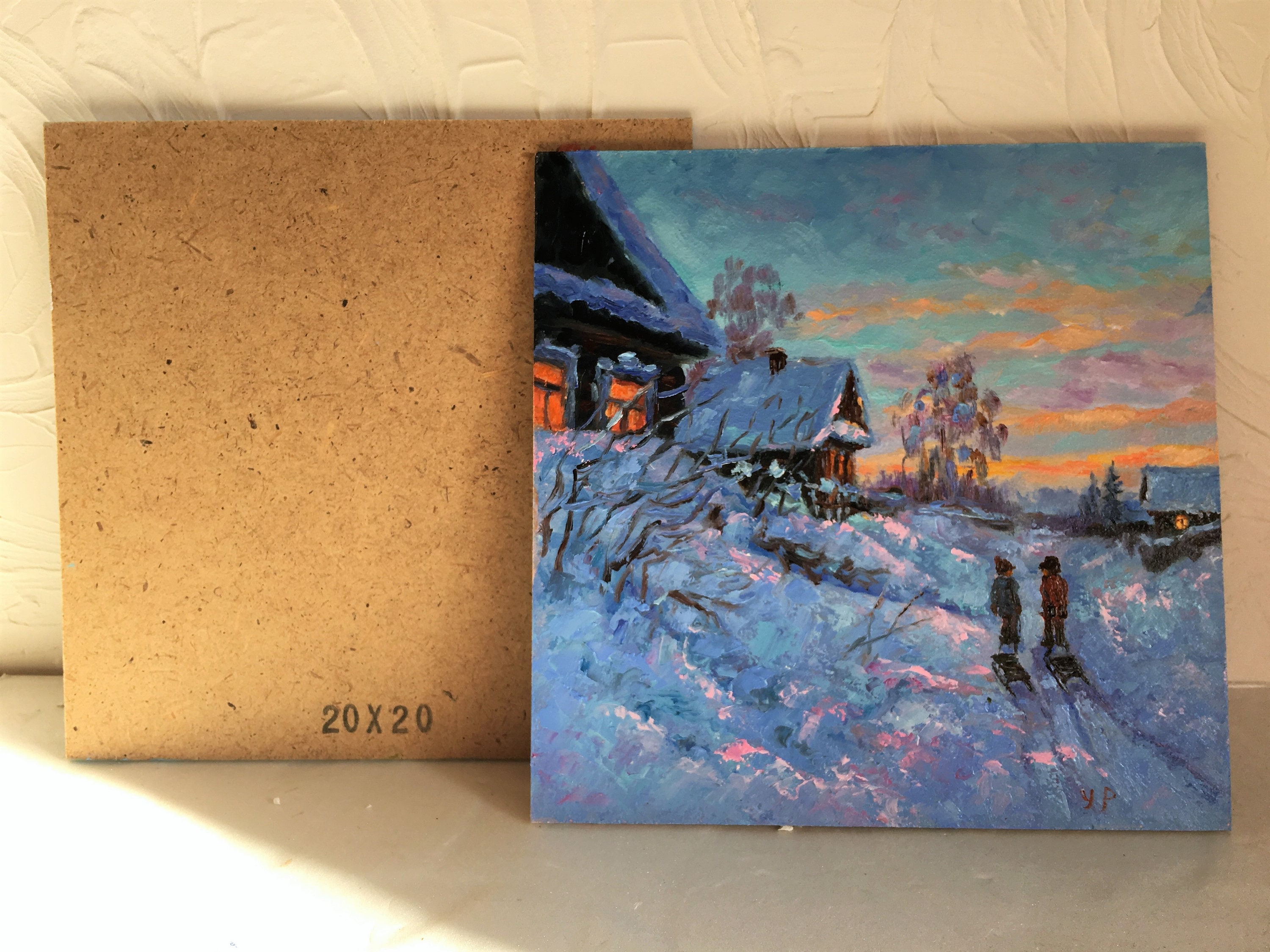 油絵 絵画 孟冬 子供たちのいる冬の風景 オリジナルの油絵 そり ロシアの風景 印象派の