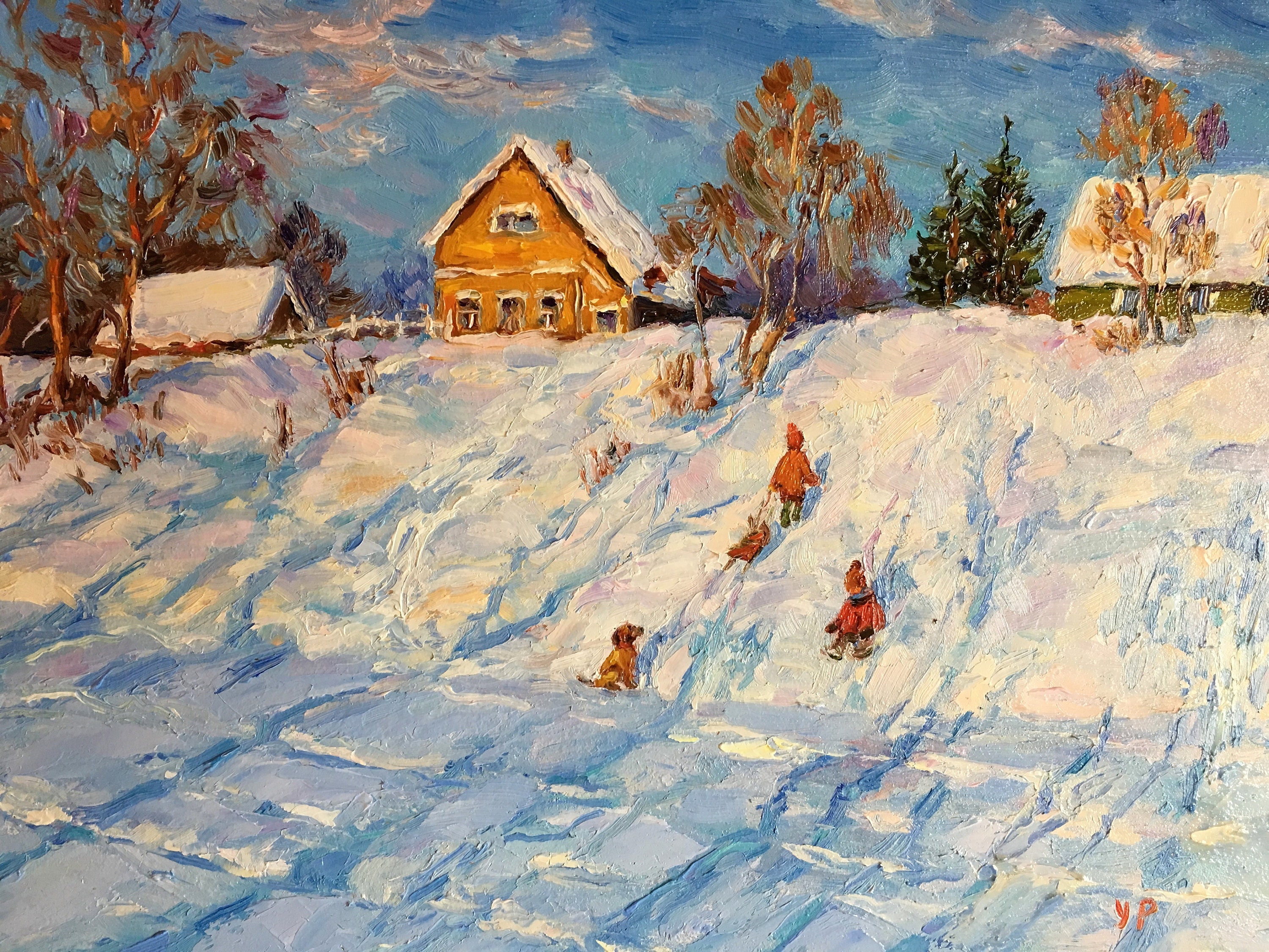 子供たちのいる冬の風景 オリジナルの油絵 そり ロシアの風景 印象派の