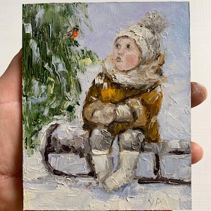 Bambina su una slitta. Piccolo dipinto a olio originale. Scena invernale innevata con bambino. Stile vintage. Scena invernale. Bambini. Bambini. Slitta. Dipinto.