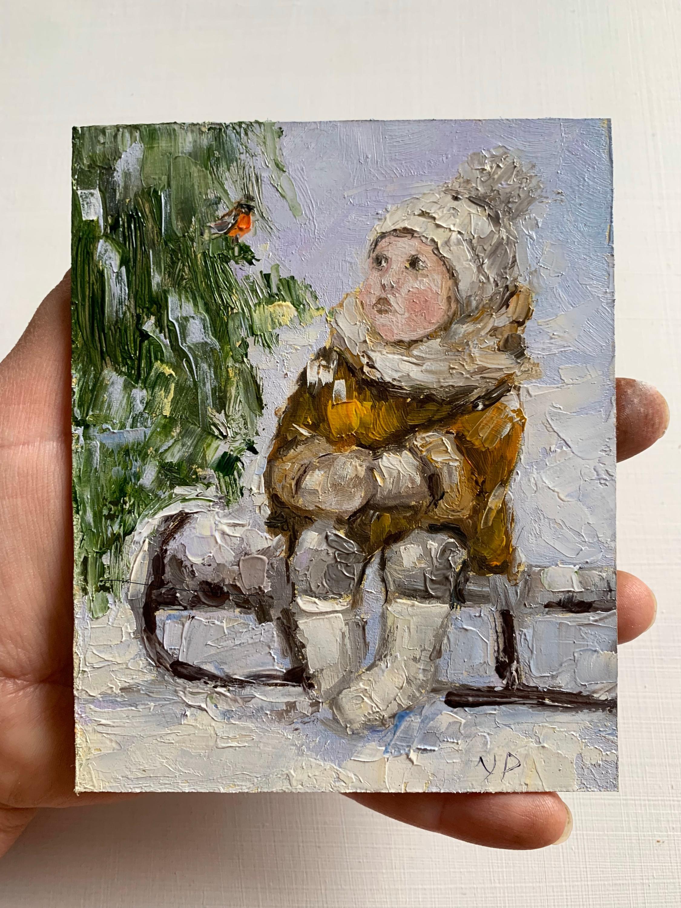 小さなオリジナルの油絵 冬の雪景色と子供 ヴィンテージスタイル 子供