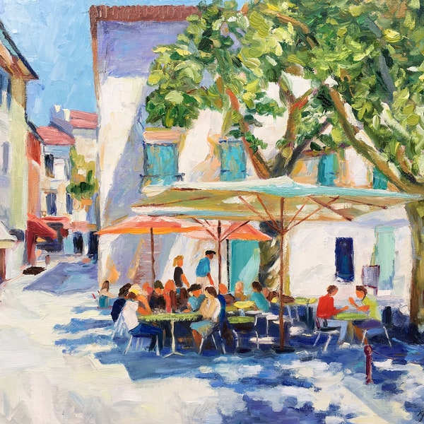 Original oil painting, Street Cafe , Impressionist Greek Art, Mediterranean street, Europe travel, Handmade on stretched canvas Large