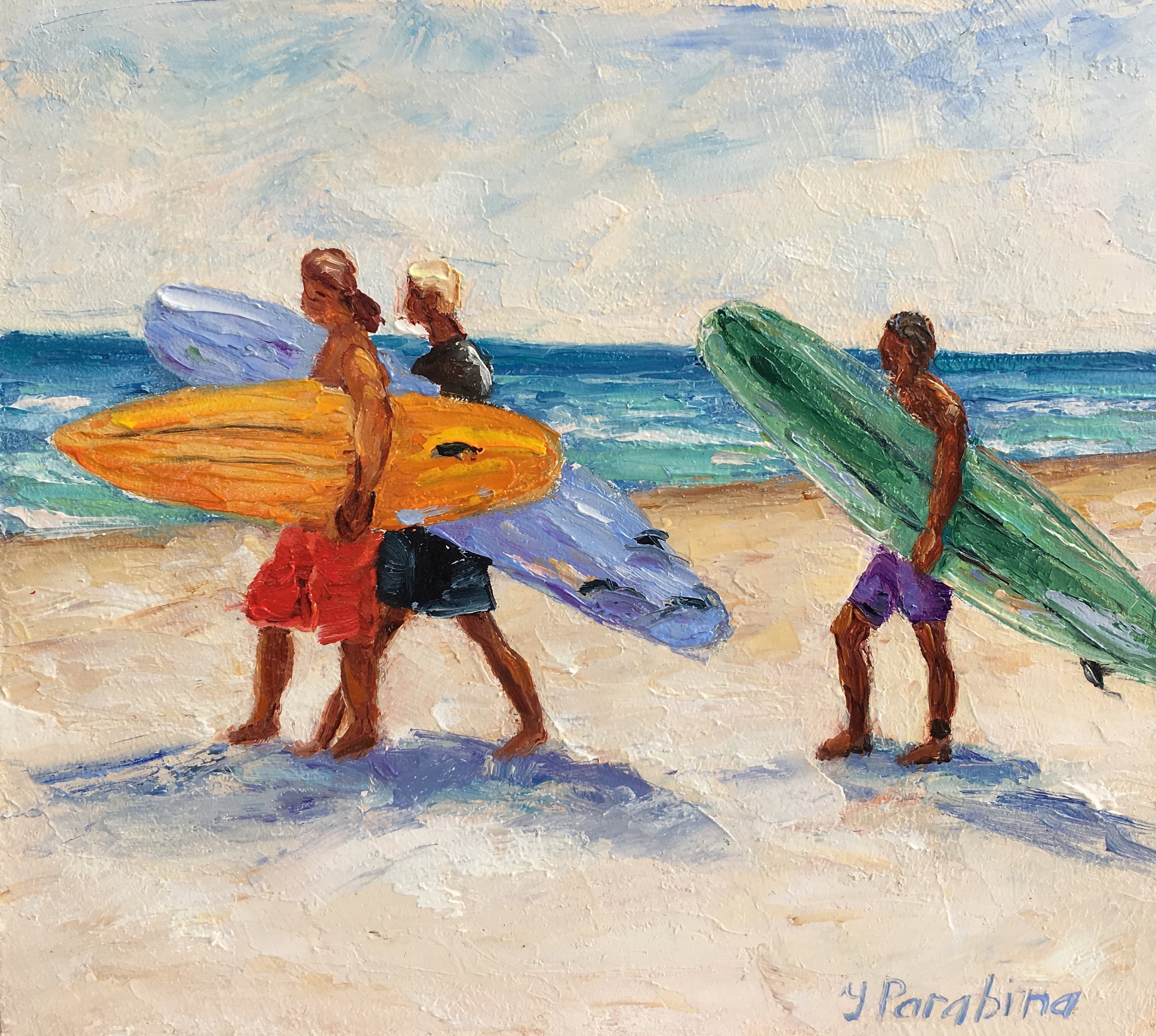 アートサーフィンオリジナル油絵厚塗り絵画アート小さなビーチと海