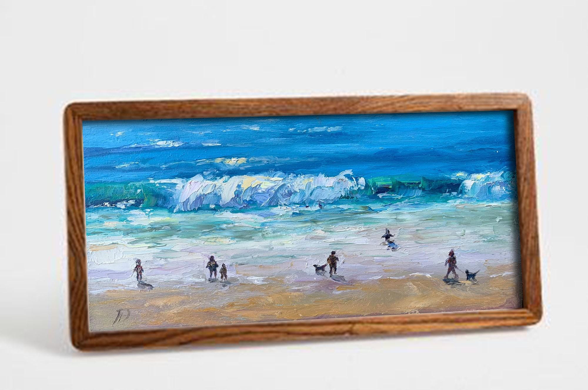 人々がいるビーチの風景 油絵 海の波 海景 小さな海岸アート