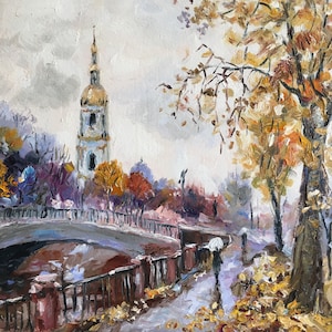 Saint Petersburg/Original oil painting/Russia Travel Leningrad /Cityscape /Autumn Landscape /Small wall art/large painting/Square art/rain