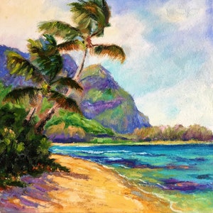 Hawaiian oil painting original /Seascape /Small painting /Landscape/ Ocean Sea Beach Painting / impressionist / Mountains Tropical wall art