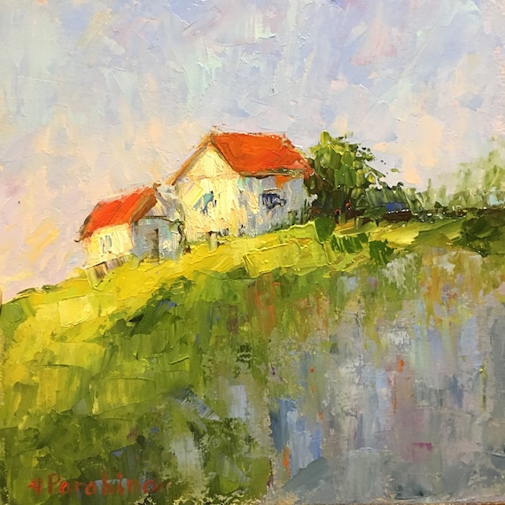 田舎のコテージの油絵／村の抽象的な風景／小さな絵画／大きなアート