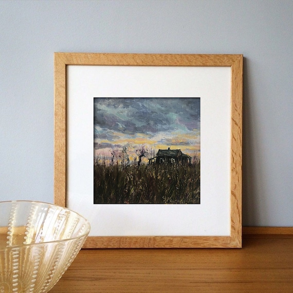 小さなオリジナル油絵暗い風景田園アート穏やかなアート作品田舎