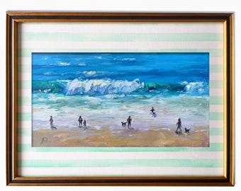 人々がいるビーチの風景 油絵 海の波 海景 小さな海岸アート