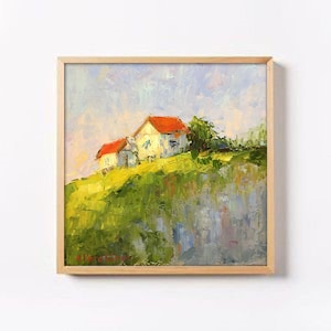 Original oil painting/Country house/Abstract Landscape/Small Painting/Large Art/Oil Painting of a Summer Afternoon/Village landscape