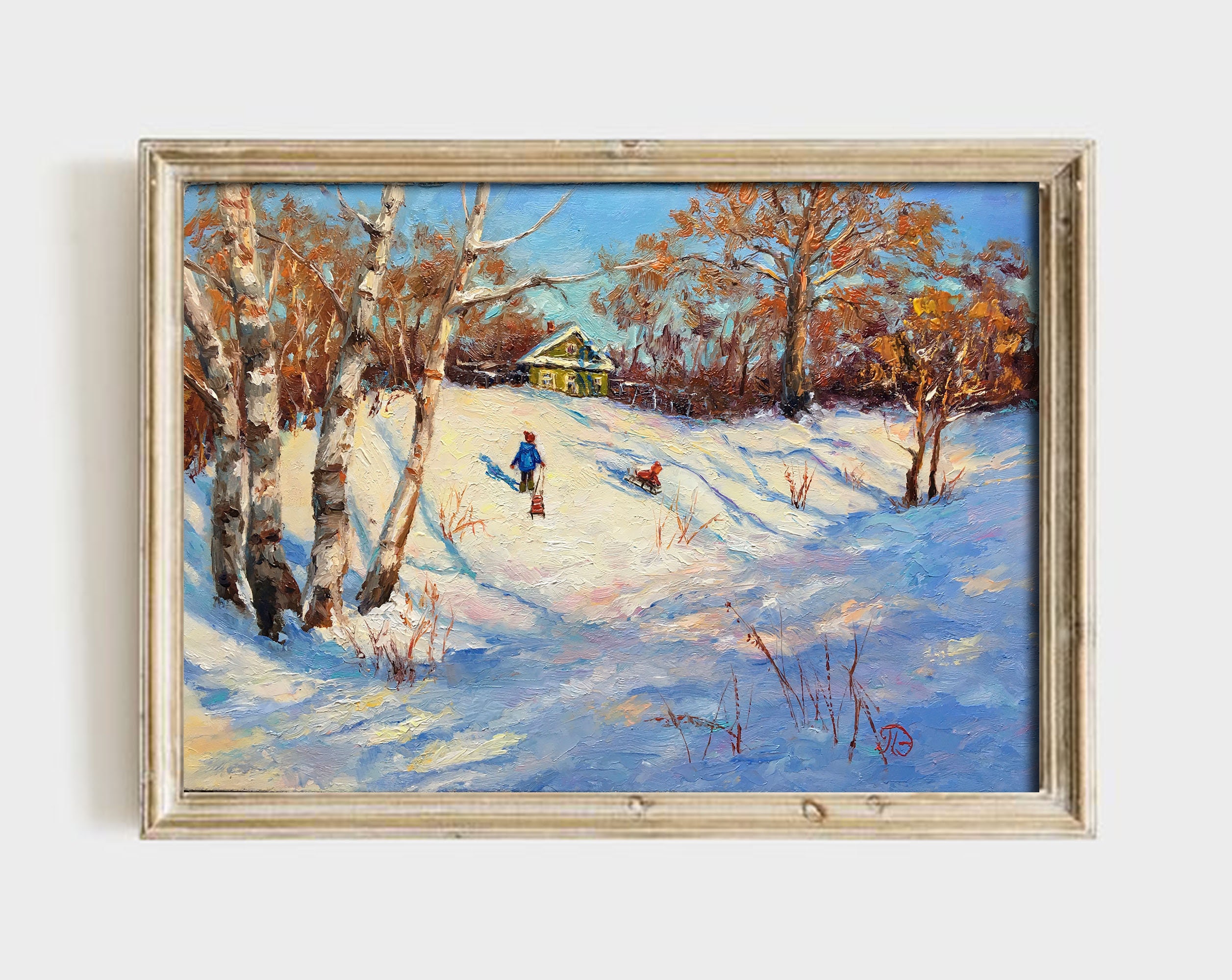 Original Oil Painting.winter Landscape With Children on a