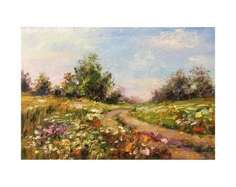 Klein origineel olieverfschilderij met zomerlandschap van bloemenvelden, landweggetjes en bomen, klaprozenveld, impressionisme 4x6 minikunst