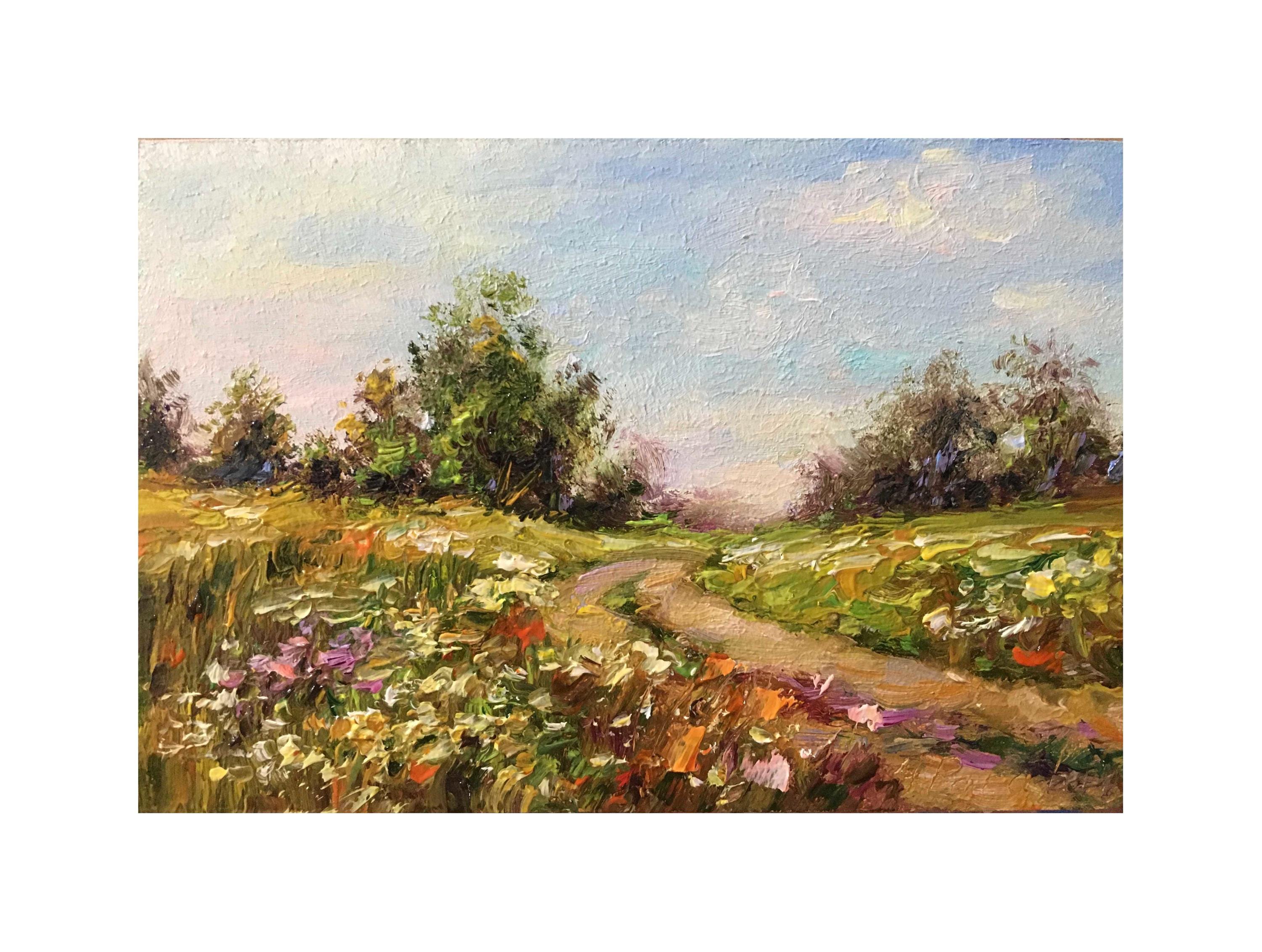 Tiny Original Oil Painting With Summer Landscape of Flower Fields