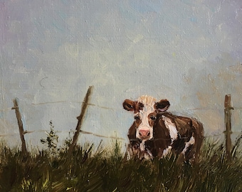 Tiny original oil painting Сow in field Сow in art landscape Farm rural painting Impasto art Cow in the summer pasture Cows in a Paddock