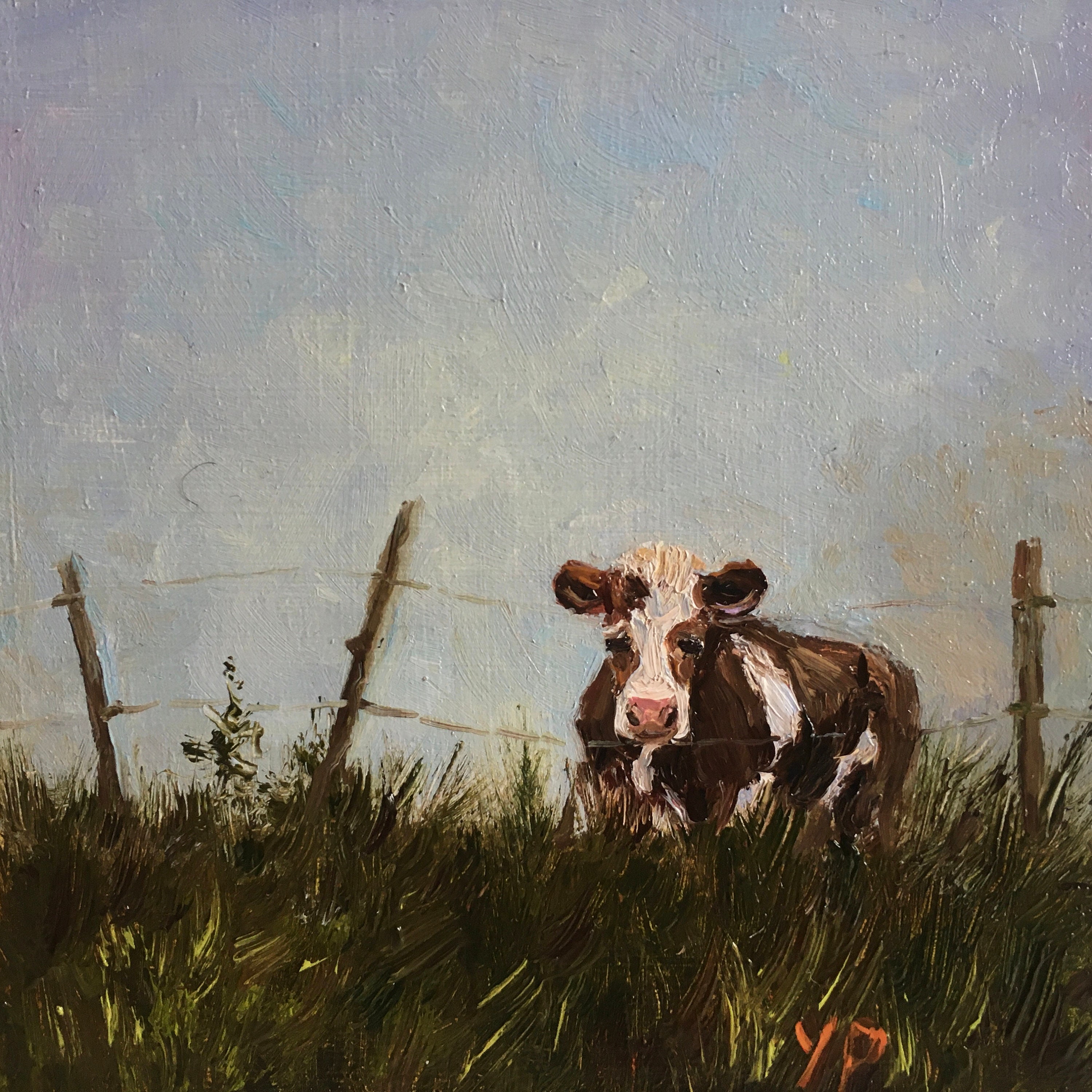 小さなオリジナルの油絵 野原の牛 アート風景の中の牛 農場の田舎の
