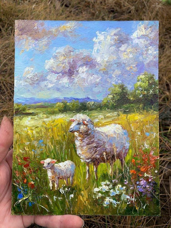 羊の絵 農場の動物 夏の牧草地に描かれた羊のカラフルな厚塗りの絵画