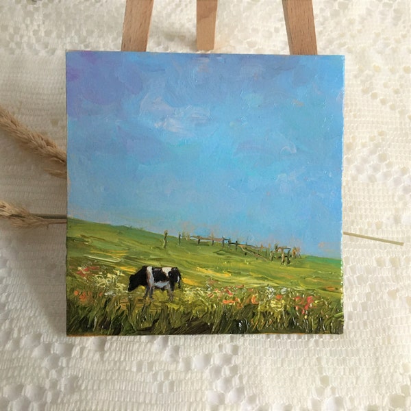 Petite peinture à l'huile originale, Сow in field, Сow in art landscape, Farm rural painting, Impasto art, Cow in the summer pasture, Veau artwork, Sky