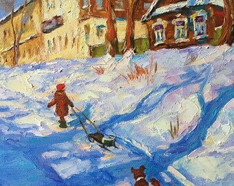 子供たちと冬の風景 オリジナル油絵 ロシアの風景 冬の印象派の風景 雪
