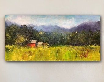 Original oil painting.Calming,rustic mountain scenery.Mesmerizing landscape with a red barn.Bright impressionistic positive author's work.