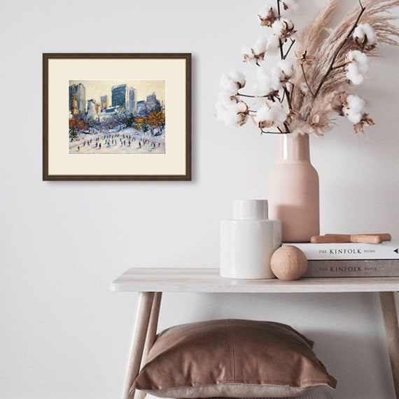 オリジナル油絵セントラルパークアイススケート冬景色オリジナルアート