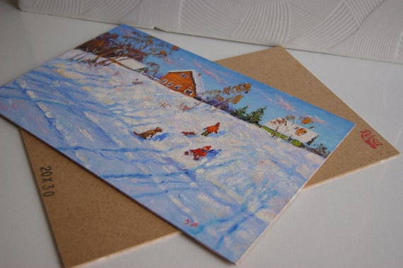 子供たちのいる冬の風景 オリジナルの油絵 そり ロシアの風景 印象派の