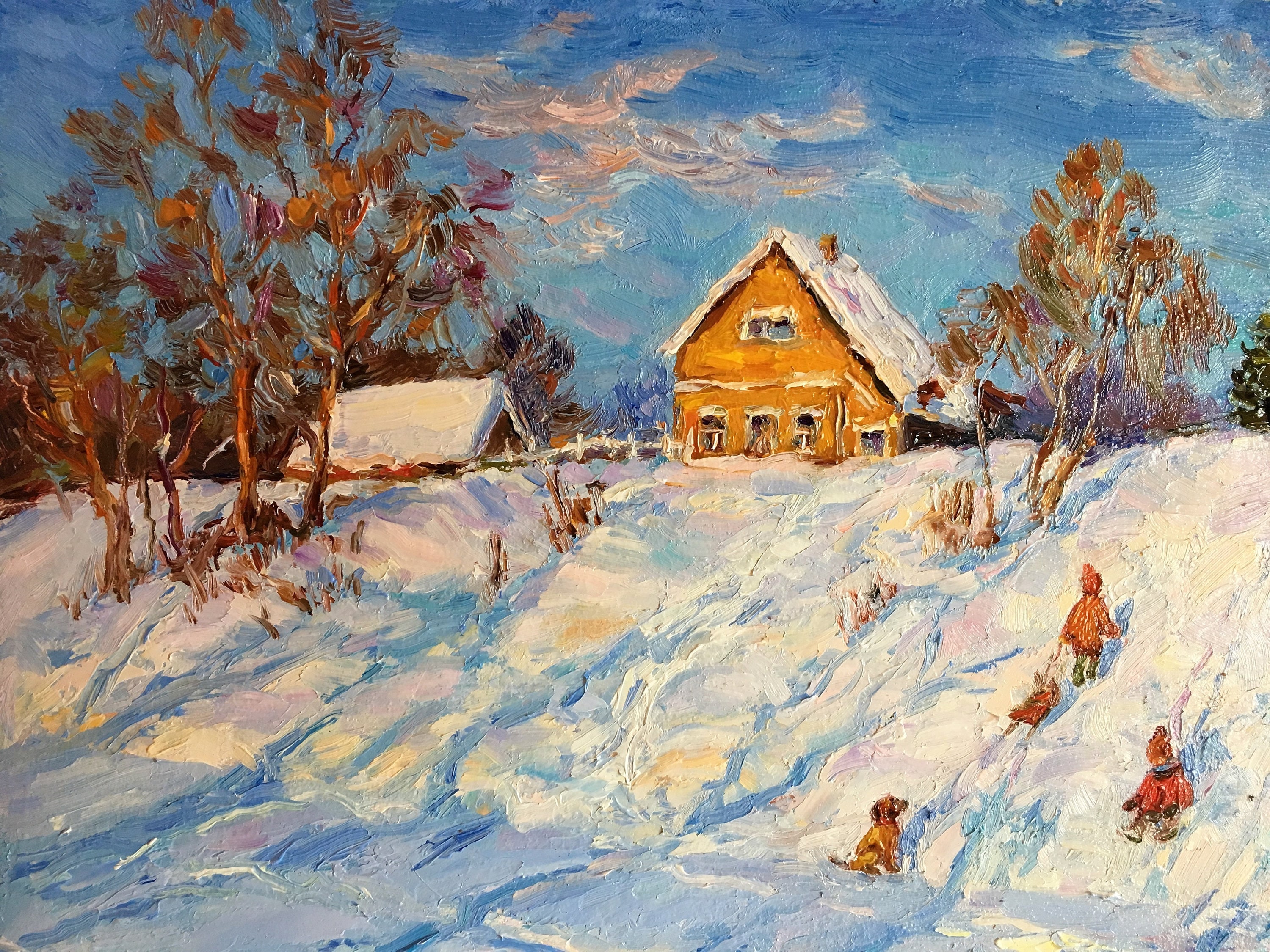 子供たちのいる冬の風景 オリジナルの油絵 そり ロシアの風景 印象派の