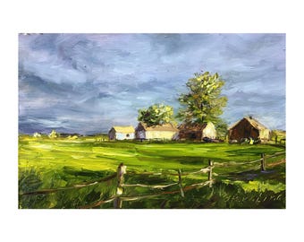 Original Ölgemälde Landschaftsmalerei Häuser im Feld Öl Mini Kunst Wand Kunst Bauernhof Haus Dekor Sunny Tiny Art Grüne Weide
