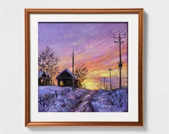 村の風景油絵 田舎道の冬景色 雪の降る夜 紫の夕日 穏やかなオリジナル