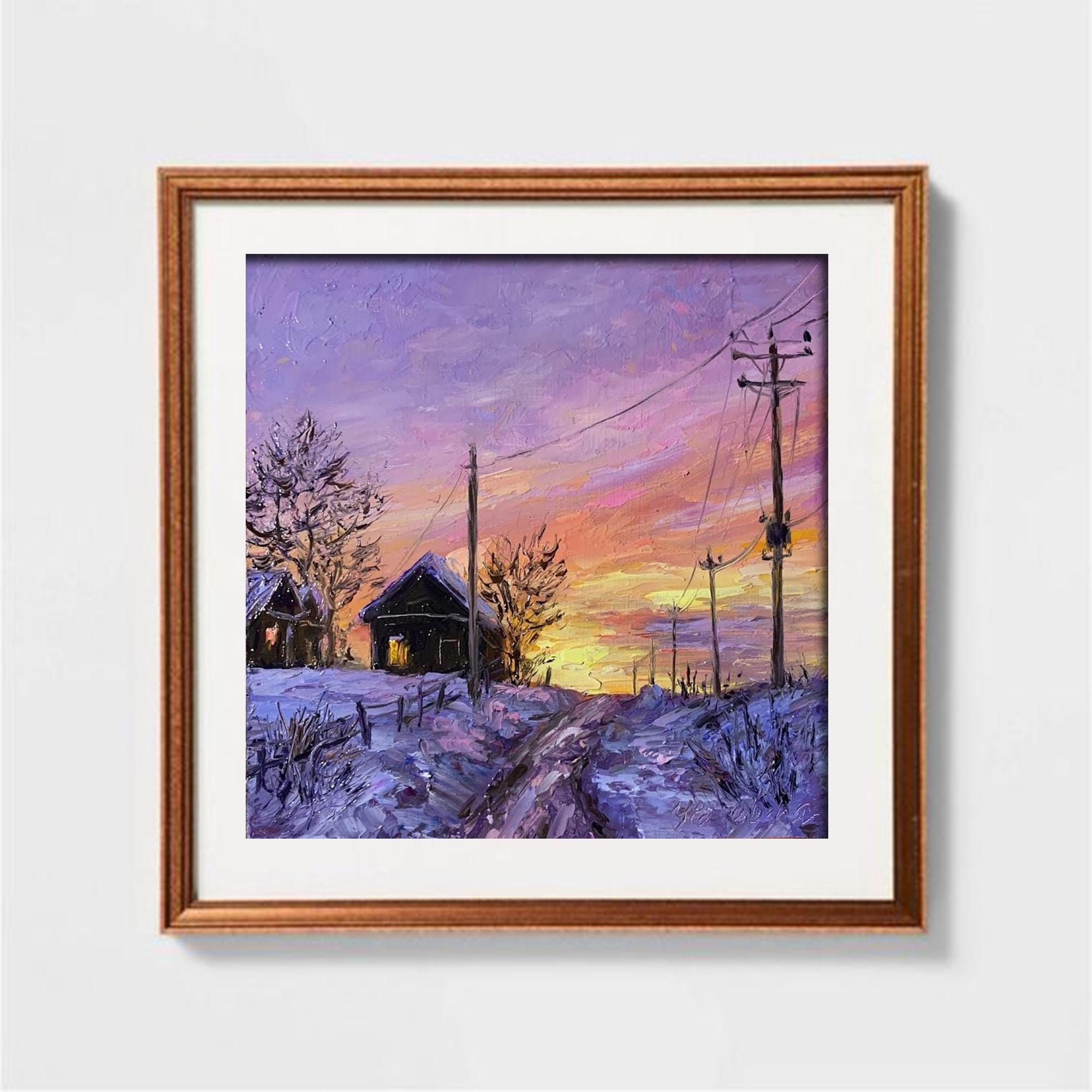 村の風景油絵 田舎道の冬景色 雪の降る夜 紫の夕日 穏やかなオリジナル
