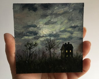 Tiny Original Oil Painting. Night landscape with a house on a moonlit night. Vintage house. Moody dark landscape. Country England Houses