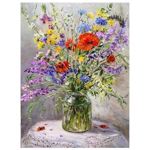 May include: A vibrant oil painting of a wildflower bouquet in a clear glass jar. The arrangement features red poppies, purple, yellow, and blue wildflowers. The jar sits on a white lace-covered surface against a neutral background.