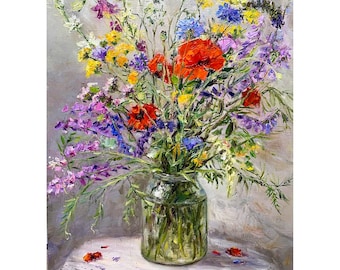 Wildflowers in a Jar Oil Painting Impasto Floral Still Life Colorful Textured Flowers Hand-Painted Art Rustic Original artwork 12x16