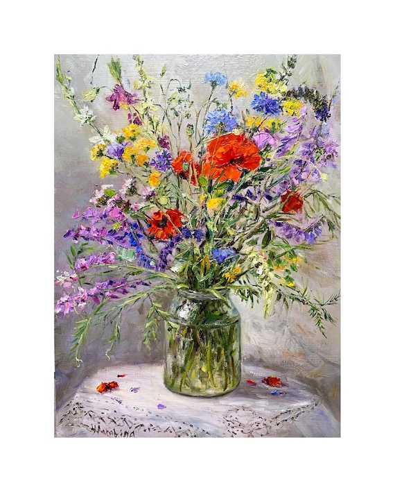 Wildflowers in a Jar Oil Painting Impasto Floral Still Life