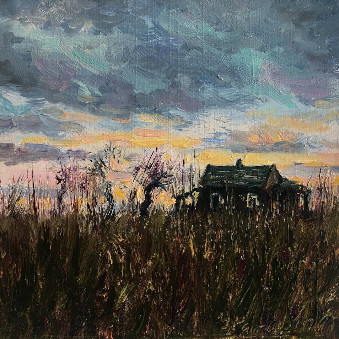 小さなオリジナル油絵暗い風景田園アート穏やかなアート作品田舎