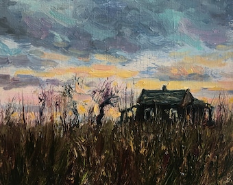 小さなオリジナル油絵暗い風景田園アート穏やかなアート作品田舎