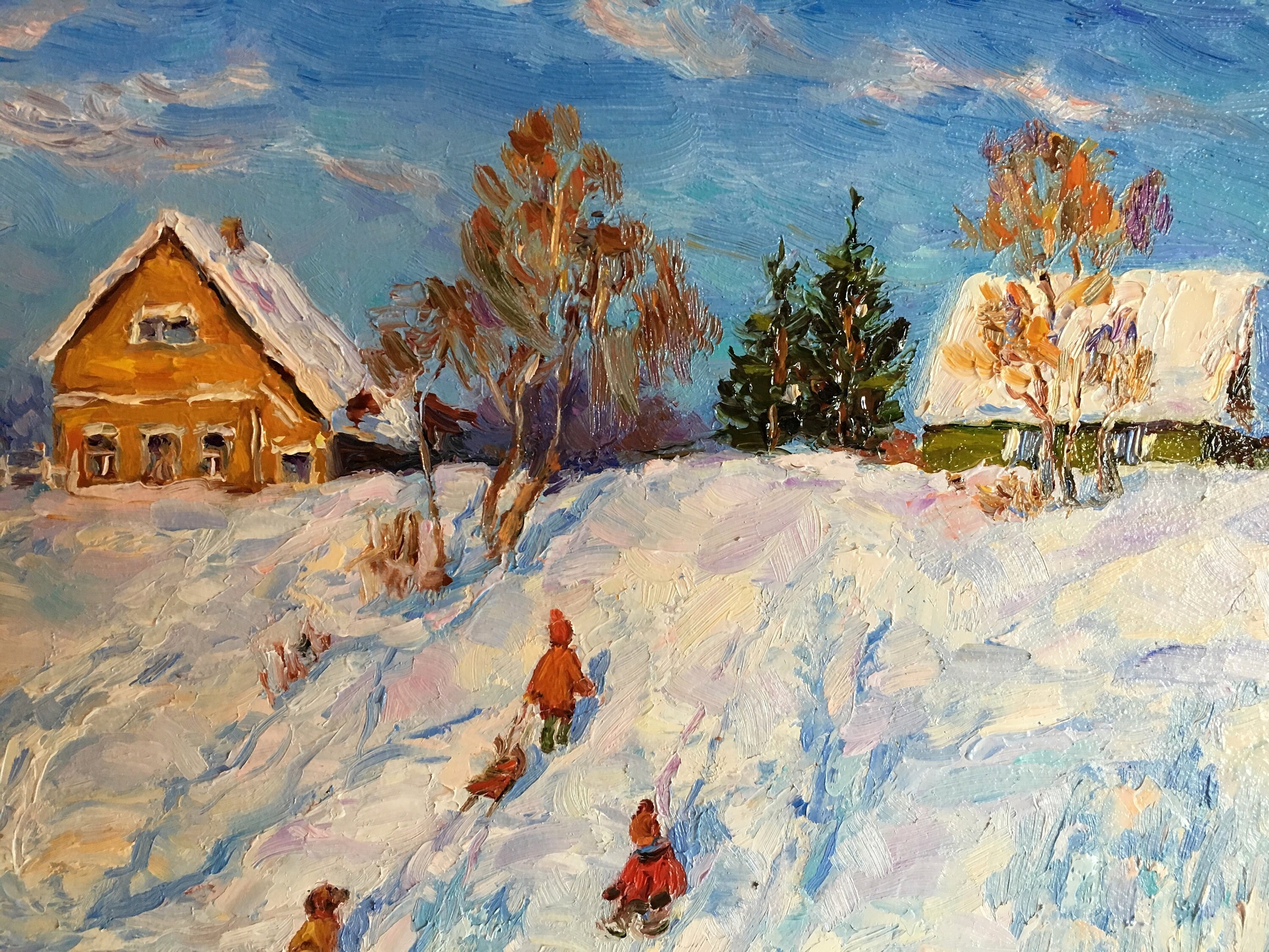 子供たちのいる冬の風景 オリジナルの油絵 そり ロシアの風景 印象派の